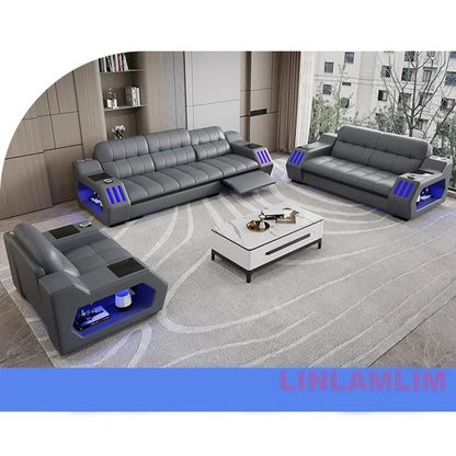 Modern Sectional Sofa Bed with LED Light, Electric Recliner and Massage | Living Room Genuine Leather Couch with Cup Holder, USB