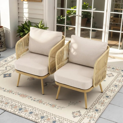 Outdoor Wicker Patio Chairs Set of 2, Rattan Barrel Chairs Patio Furniture Sets with 4“ Hight Desity Cushion, 2 Pieces Bistro