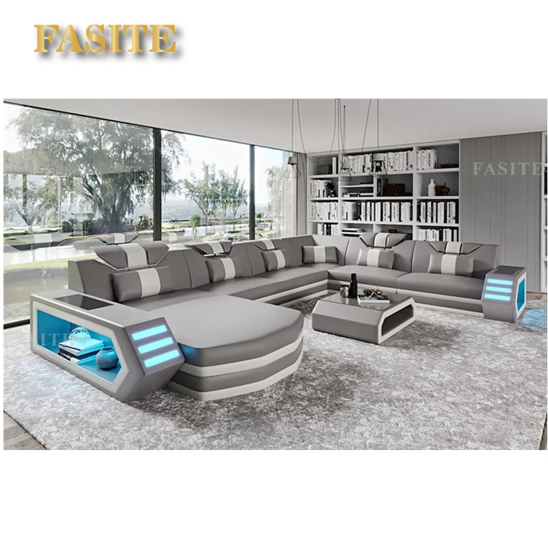 Luxury Italy Design Sectional Sofa Bed Modern LED Living Room Furniture Genuine Leather Sofas Sets