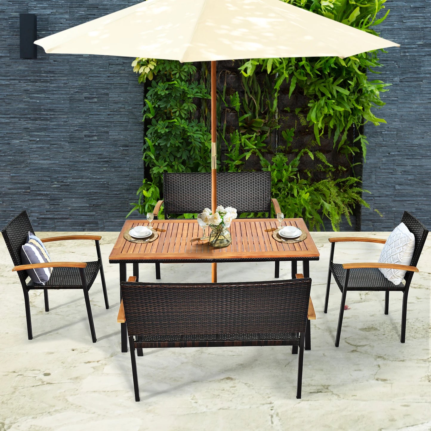 6 PCS Patio Rattan Dining Set Acacia Wood Table Stackable Chair Bench