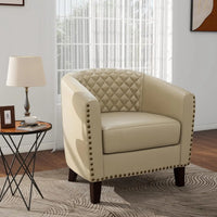 Pia Ricco Faux Leather Barrel Accent Chair, Modern Club Arm Chair Comfy Upholstered Single Sofa Chair with Solid Wood Legs and N