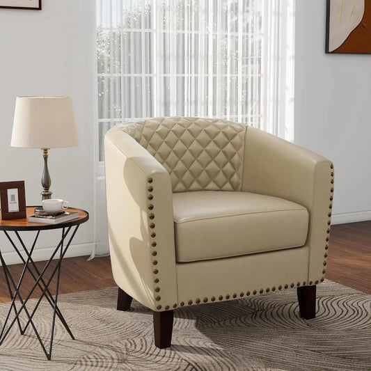 Pia Ricco Faux Leather Barrel Accent Chair, Modern Club Arm Chair Comfy Upholstered Single Sofa Chair with Solid Wood Legs and N