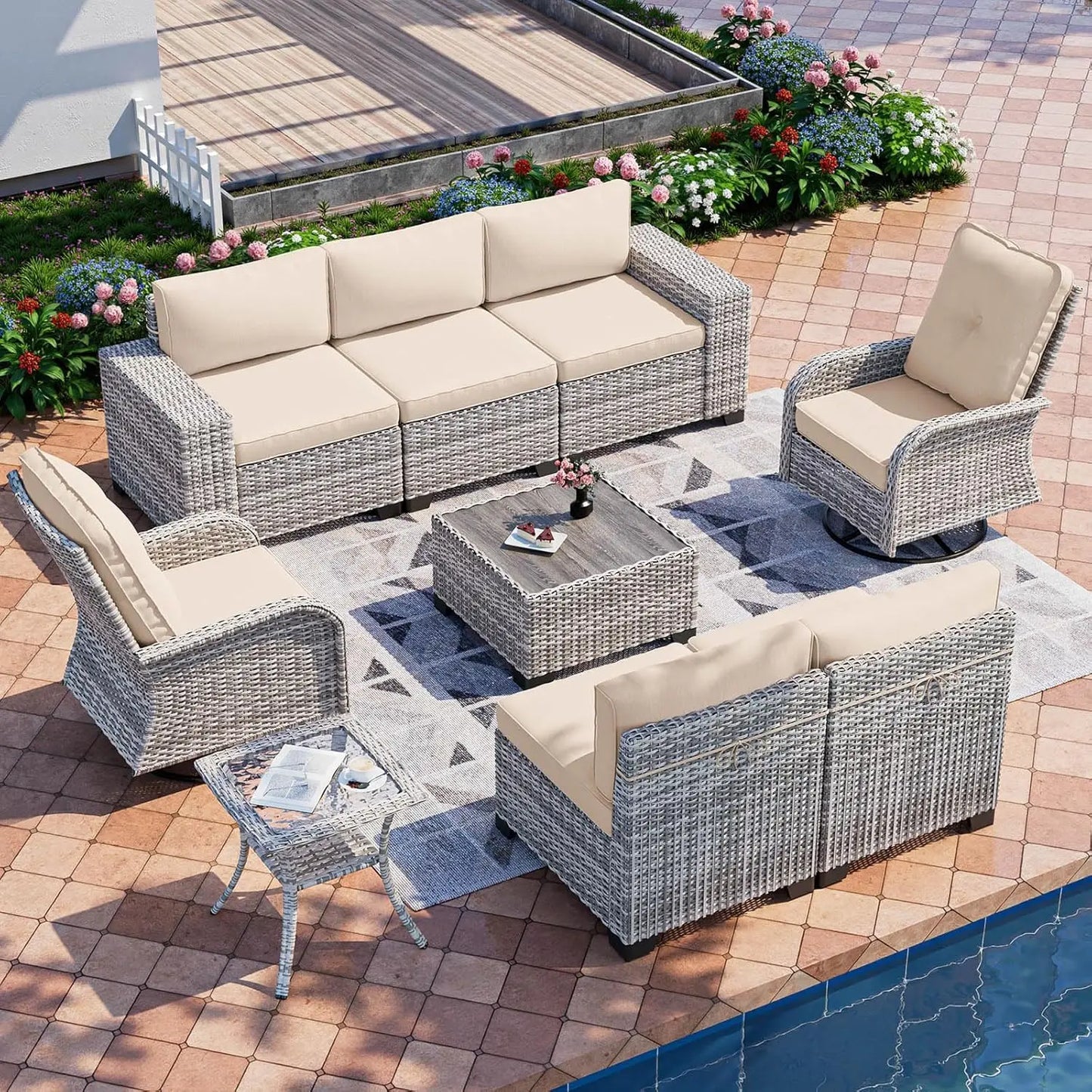 9-Piece Outdoor Patio Furniture Set with Rocking Swivel Chair Wicker Sectional Sofa Set, Patio Conversation Set, Customized