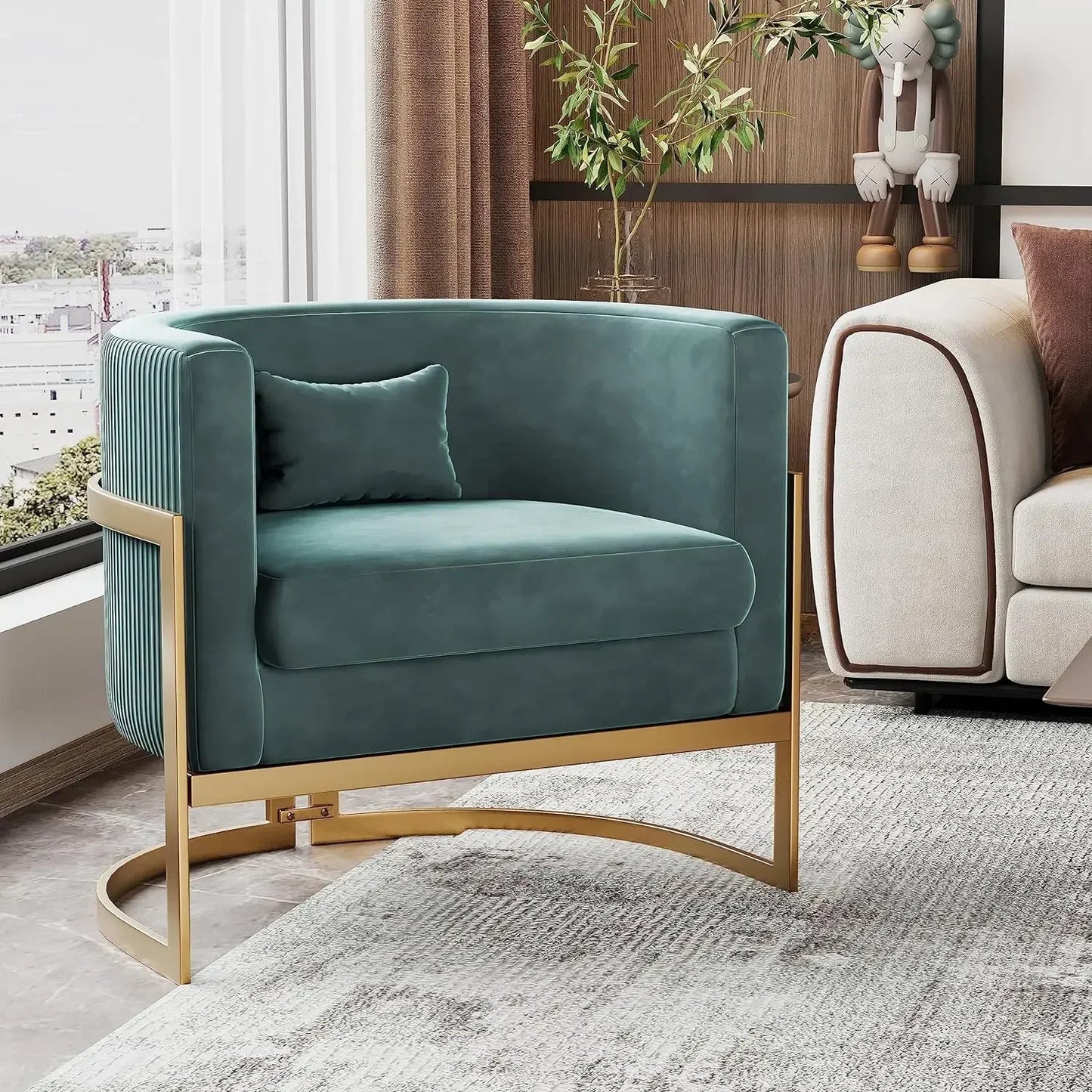 v Living Room Chair, Modern Gray Velvet Bucket Shaped Special Chair, Soft Padded Armchair, Bedroom Single Person Sofa