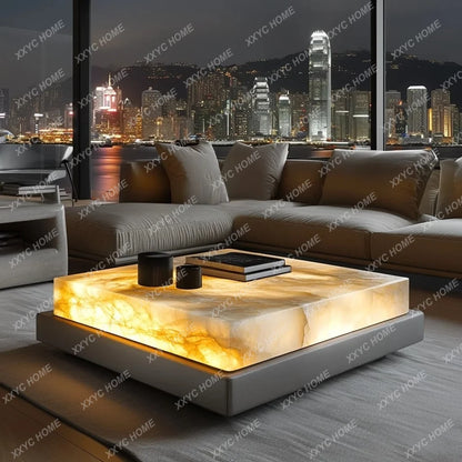 Square luxury stone leather luminous jade coffee table large flat-floor villa living room modern marble