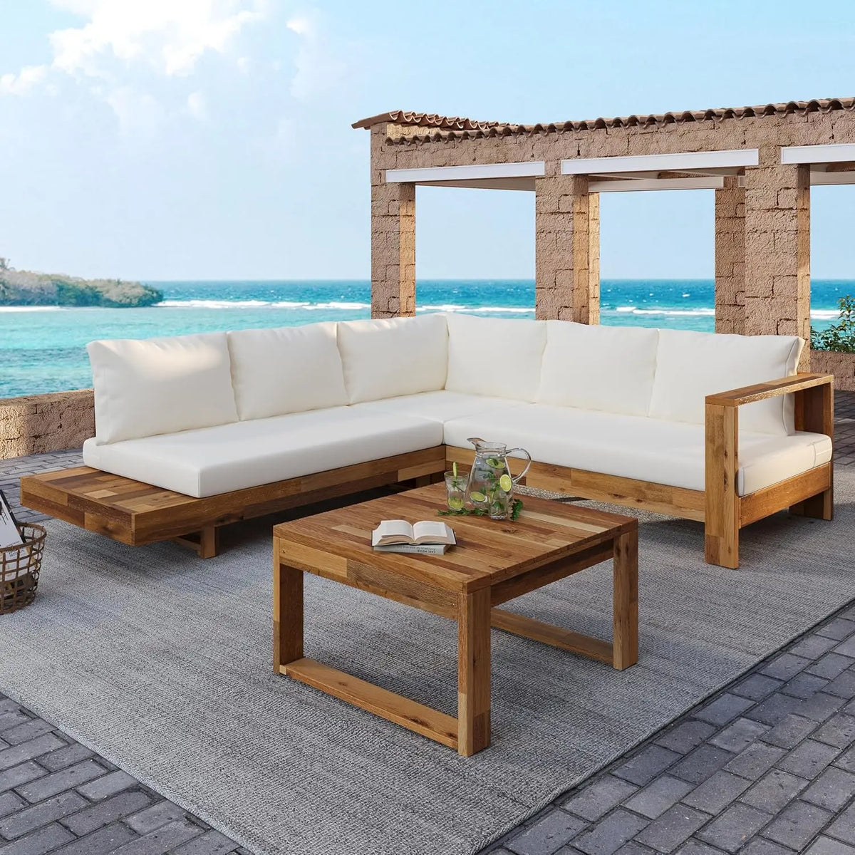 Acacia Wood 4pc Outdoor Sectional Sofa Set with Cushions and Slatted Design - Modern Patio, Deck & Garden Seating, Customized
