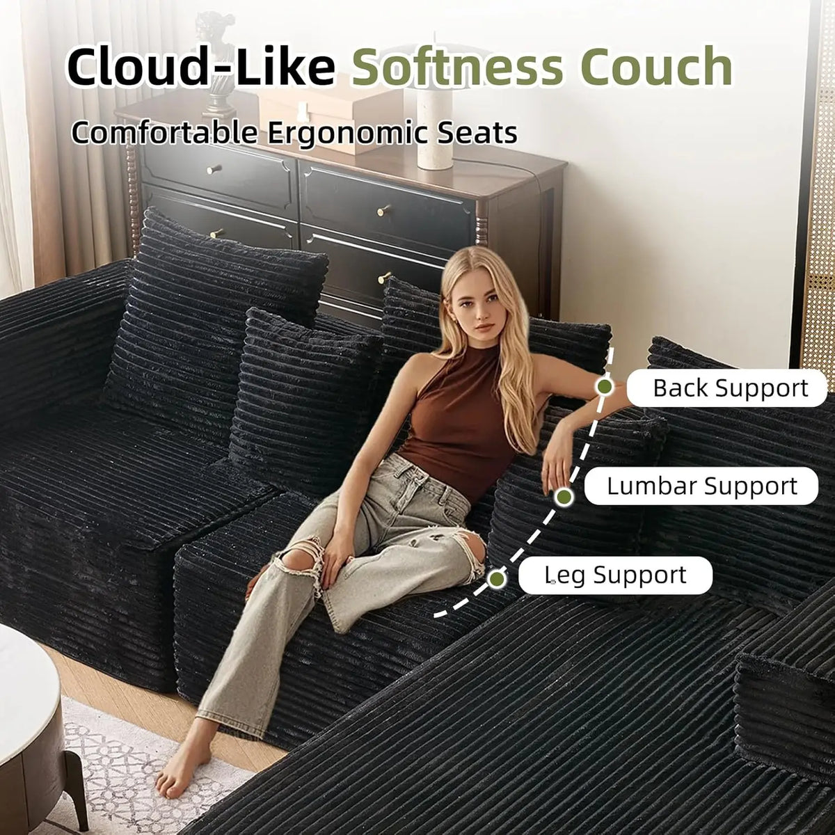 108'' Boneless Couch, Sectional Boneless Couches for Living Room w/Deep Seat,Cloud Couch w/Stripe, Boneless L Shaped Couches·New