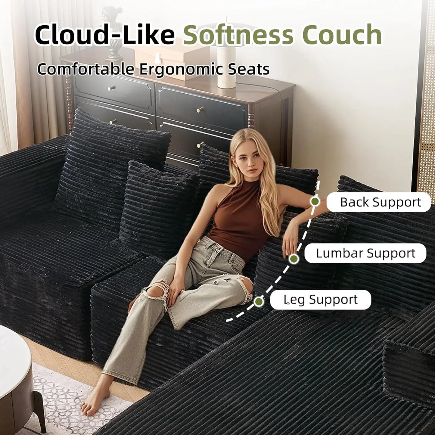 108'' Boneless Couch, Sectional Boneless Couches for Living Room w/Deep Seat,Cloud Couch w/Stripe, Boneless L Shaped Couches·New