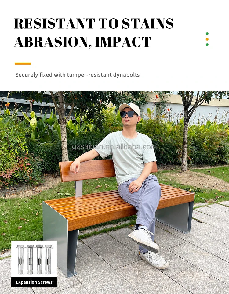 Banc urbain en métal au design moderne, mobilier de rue en bois pour parcs et lieux pour utilisation sur patio