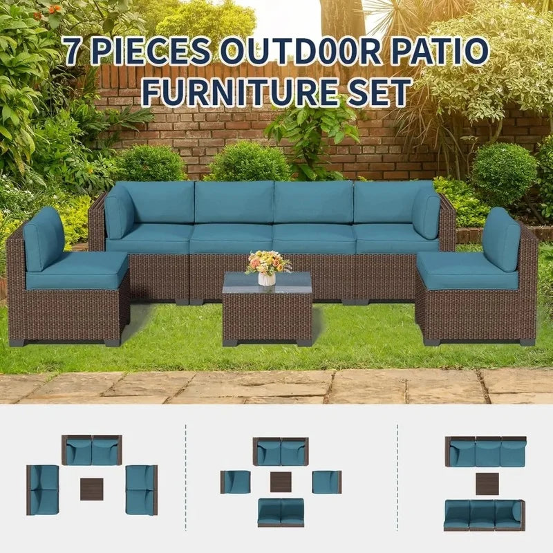 Outdoor Patio Furniture Set, Rattan Sectional Sofa, Conversation Set with Waterproof Cushion and Coffee Table