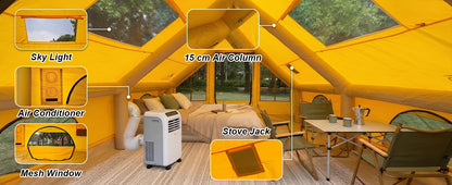 129 Sq Ft Inflatable Camping Tent Easy Setup Waterproof Oxford Air Tent House with Pump 4 Season Family Glamping Tent