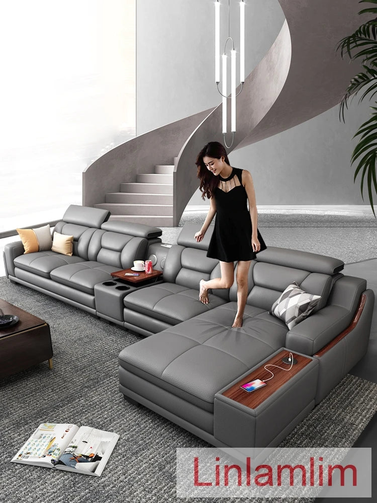 Beautify Your Living Room with Linlamlim Italian Genuine Leather Sofa - Bluetooth Speaker, Adjustable Headrests and USB Charging