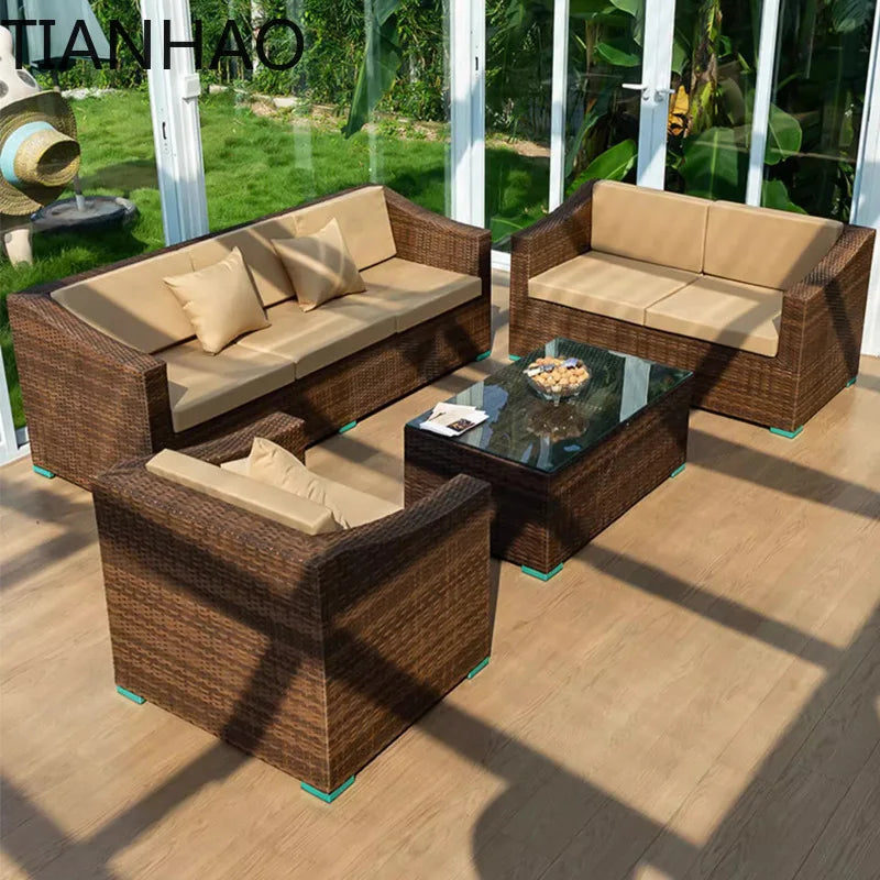 Outdoor rattan sofa combination courtyard terrace  waterproof sun protection outdoor garden rattan sofa furniture