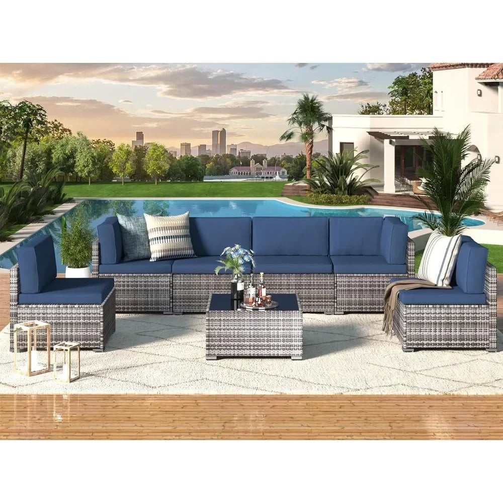 7 Piece Outdoor Patio Furniture Set, PE Rattan Outdoor Grey Wicker Furniture, Outdoor Sectional Furniture Chair