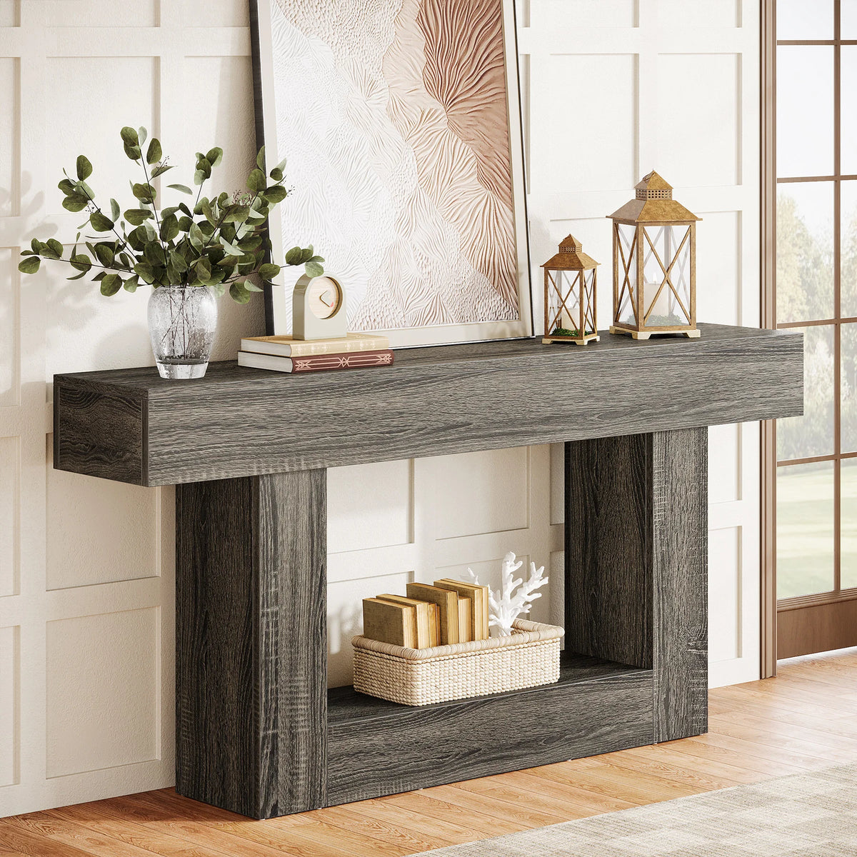 Rustic 2-Tier 63 Console Table with Storage for Entryway, Living Room, and Hallway in Brown & Gray