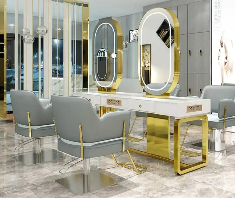 Hairdresser's mirror stand hair salon special solid wood haircut mirror simple barber's table with light