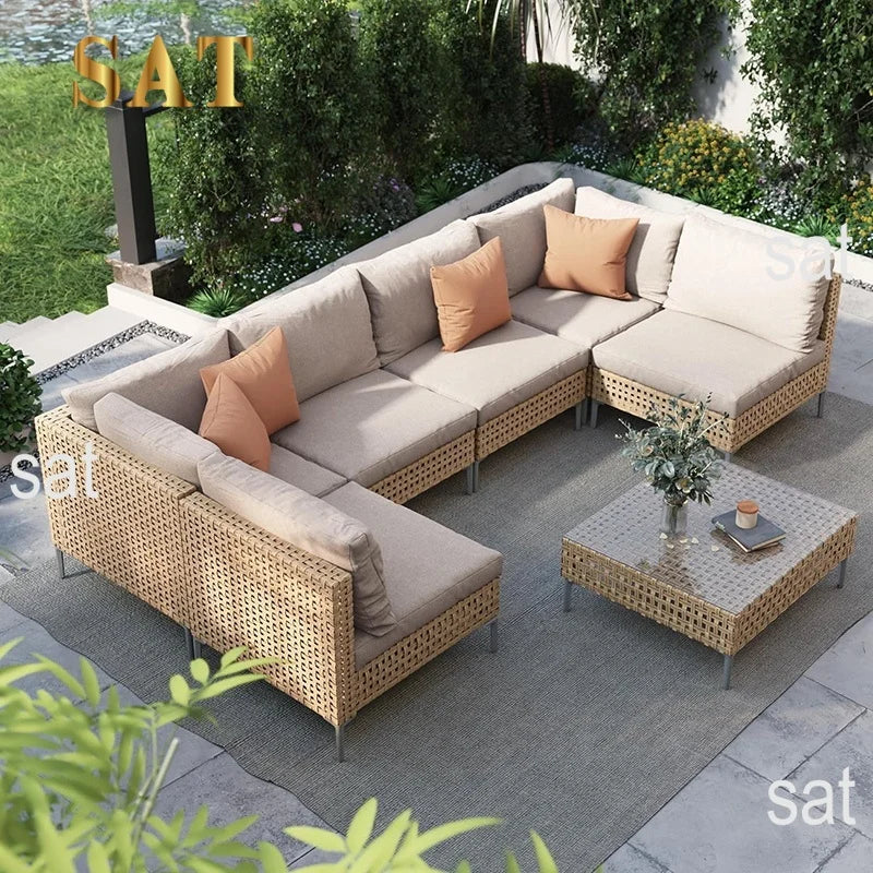 Waterproof Sunproof Woven Rattan Sofa Tea Table Set Aluminum Alloy Outdoor Furniture Patio Leisure-for Living Room Dining
