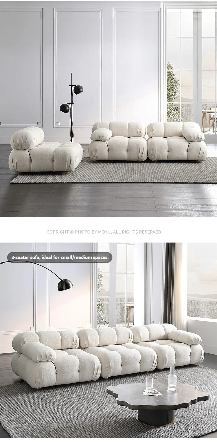 Cream Modular Sofa Set, Cat-Proof Teddy Fabric 3-Seater with Latex-Foam Fill, Imported Pine Frame, Nordic Retro Style