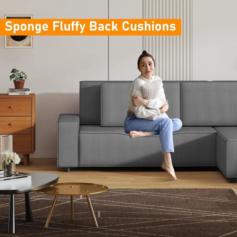 96 L-Shaped Sleeper Sofa with Chaise Lounge, Premium Corduroy Fabric, 1200 lbs Support, Ideal for Small Living Rooms