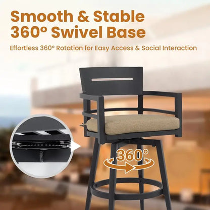 Modern Outdoor 2-Piece Swivel Bar Chairs - Aluminum Frame, 360° Swivel, Ergonomic Backrest, Tapered Legs, Sunbrella Cushion,