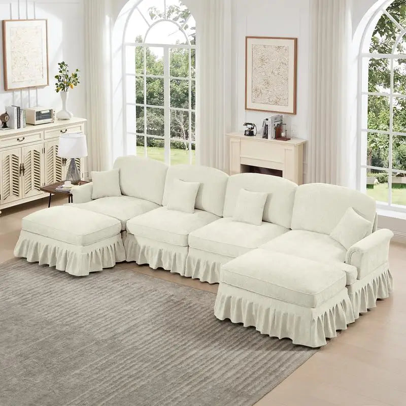 Classic U-Shaped 4-Seater Modular Sectional Sofa Couch with Flared Arms, Removable Ruffled Skirts, and Spindle Legs, Chenille