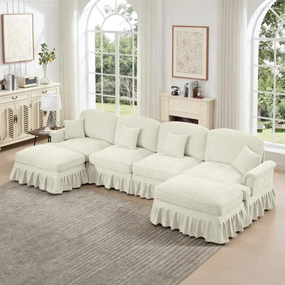 Classic U-Shaped 4-Seater Modular Sectional Sofa Couch with Flared Arms, Removable Ruffled Skirts, and Spindle Legs, Chenille
