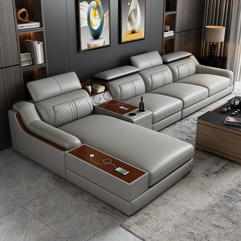-Italian modern multifunctional sofa light luxury Faux Leather sectional sofa couch with USB charging and bluetooth speaker