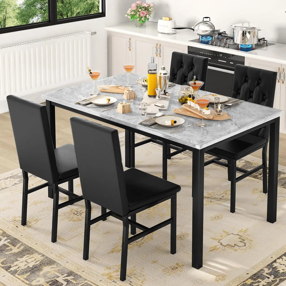 Dining Table Set for 4, Faux Marble Kitchen Table with 4 Button Tufted Chairs (Gray)