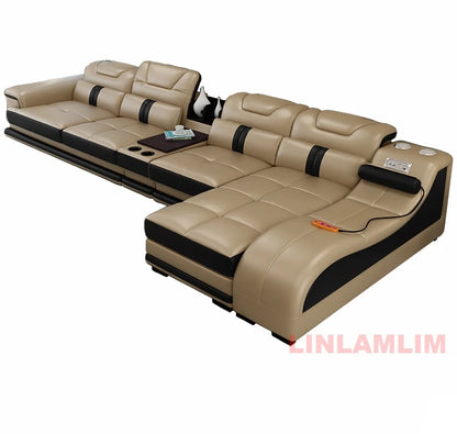 Sectional Sofa with Massage Chaise Lounge, Cup Holder, USB, Adjustable Headrests – Italian Genuine Leather Living Room Couch