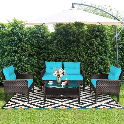 outdoor wicker patio furniture set: 4-piece conversation sectional sofa with coffee table and cushions