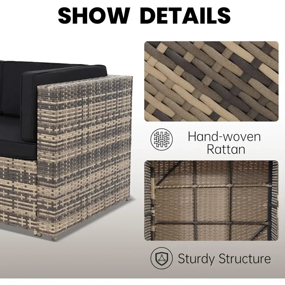 -8 Pieces Outdoor Wicker Rattan Patio Furniture Sectional Set,Glass Top Table Hidden Storage,7 Sofa Sections, Oversized Cushions