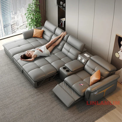 Modern Electric Recliner Sofa Bed with Adjustable Backrest, L-Shaped Multifunctional Italian Genuine Leather Sectional Couch