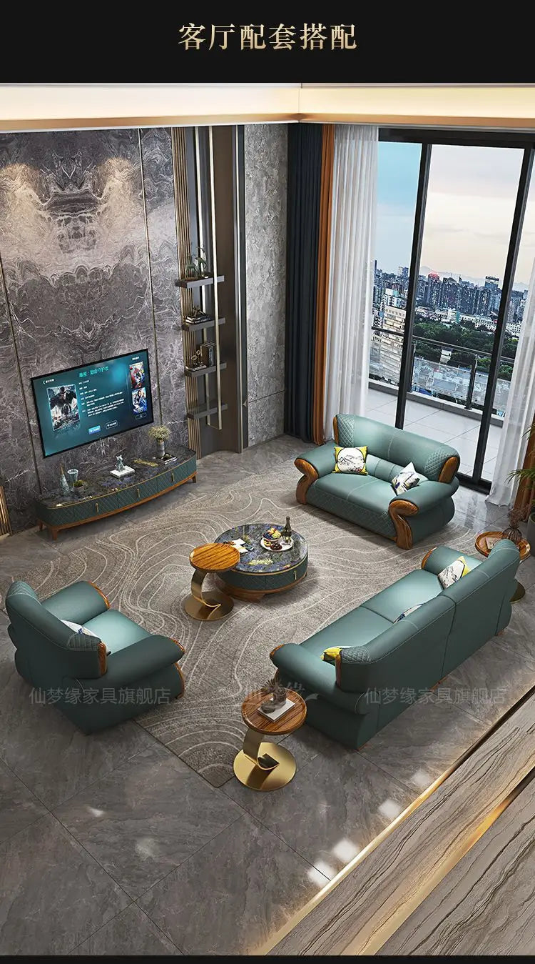 New leather sofa modern simple light luxury ebony solid wood new Chinese small apartment living room popular furniture