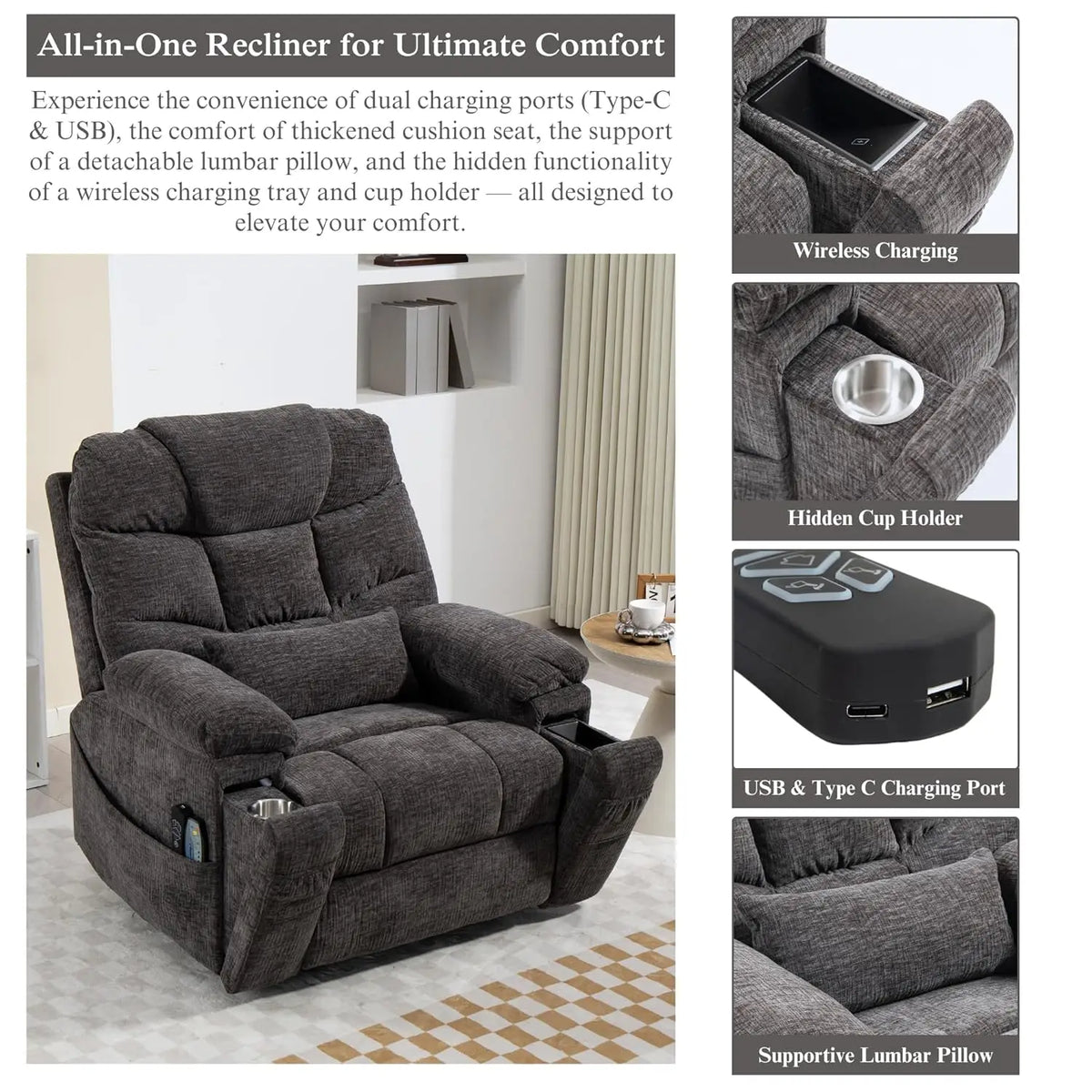 Dual Motor Power Lift Recliner for Elderly Adults with Heat Massage Lay Flat Feature Wireless Remote Cup Holder Customizable