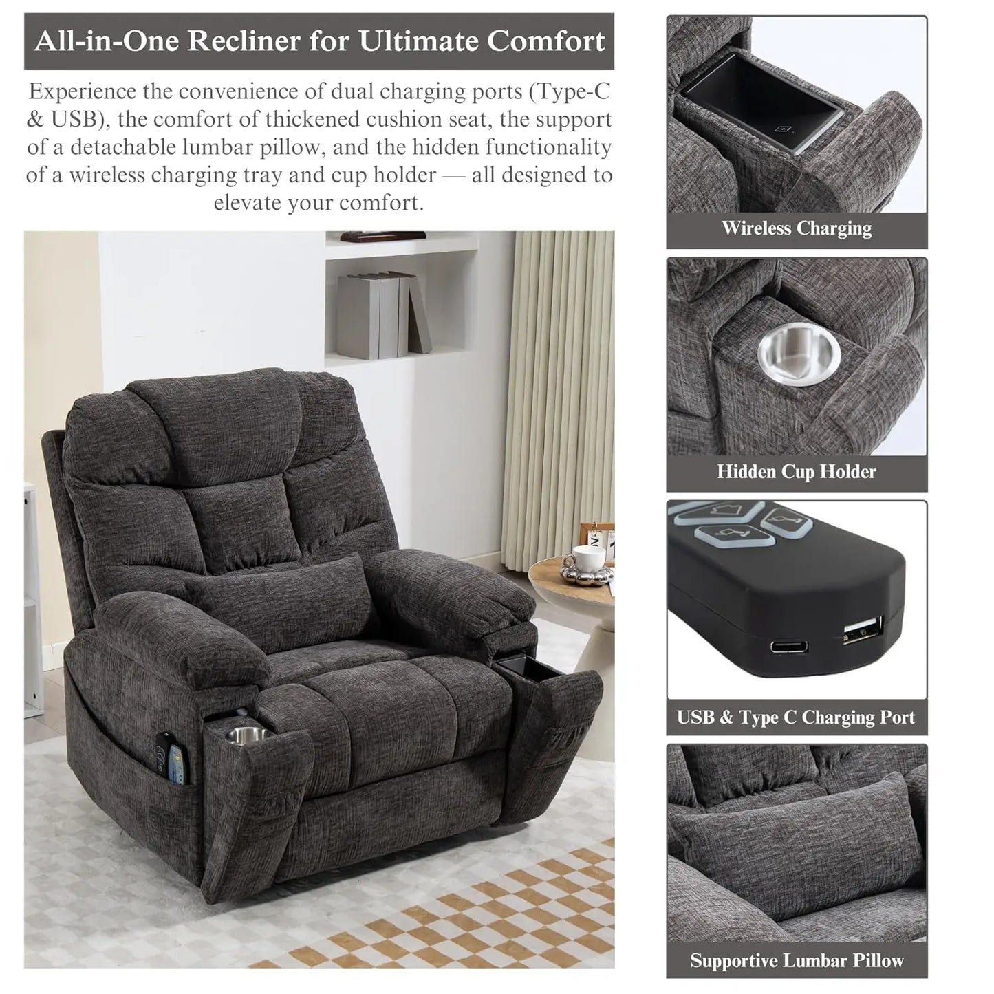 Dual Motor Power Lift Recliner for Elderly Adults with Heat Massage Lay Flat Feature Wireless Remote Cup Holder Customizable