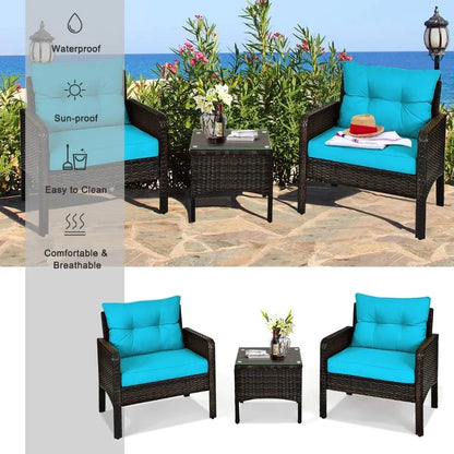 3PCS Patio Furniture Set Outdoor Wicker Cushioned Sofa Set with Coffee Table All Weather Rattan Conversation Set for Ga
