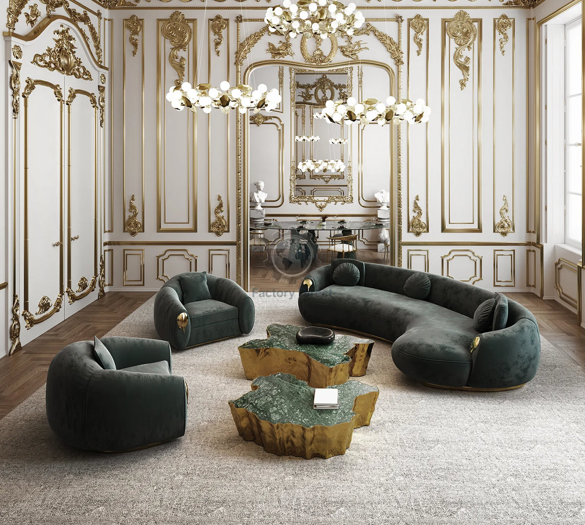 High End Home Furniture Customized Italian Design Luxury Curved Couch Living Room Sofa Set Modern Brass Base Nubuck Fabric Sofa