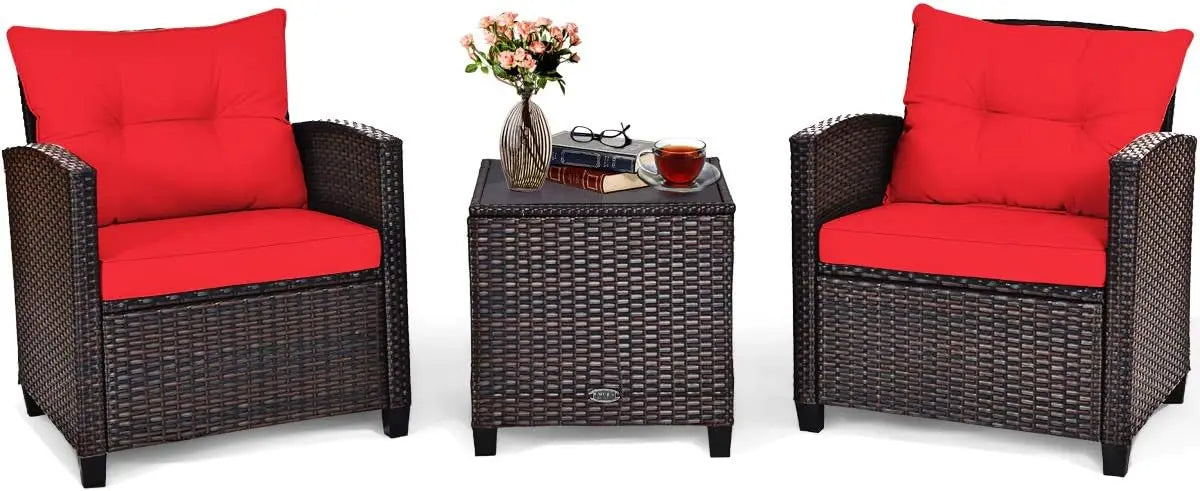 NEW-3 Pieces Patio Furniture Set, PE Rattan Wicker 3 Pcs Outdoor Sofa Set w/Washable Cushion and Tempered Glass Tabletop, (Red)