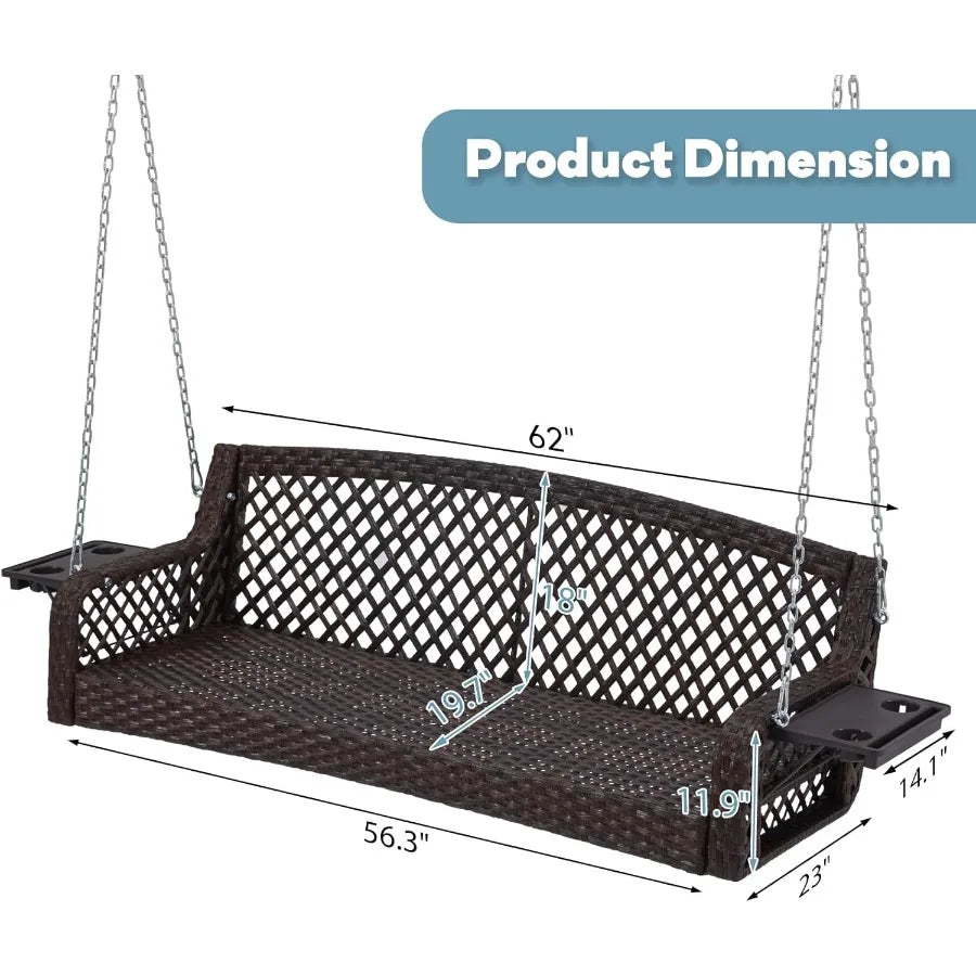 3 Seat Porch Swing with Cup Holders and 3 Back Cushions for Yard Deck Garden and Backyard Use Brown Seagrass Rattan Frame with