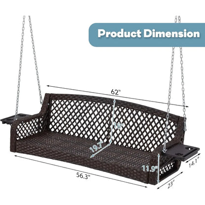 3 Seat Porch Swing with Cup Holders and 3 Back Cushions for Yard Deck Garden and Backyard Use Brown Seagrass Rattan Frame with