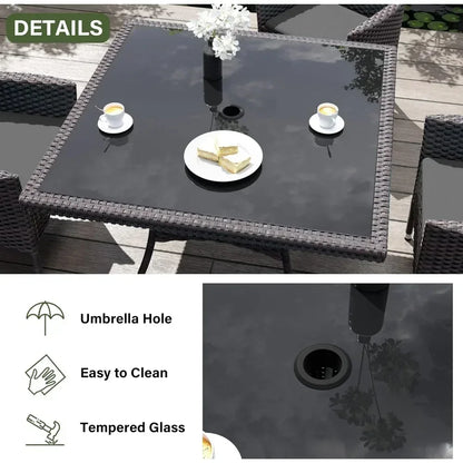Terrace Furniture Set, Including 8 Cushioned Chairs and 2 Square Tables with Umbrella Shaped Hollow Grey Outdoor Chairs