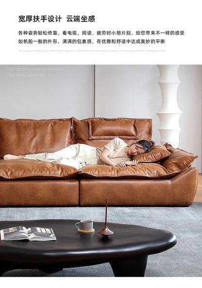 Sailing sofa retro oil wax leather super wide sitting depth adjustable backrest antique living room straight row sofa