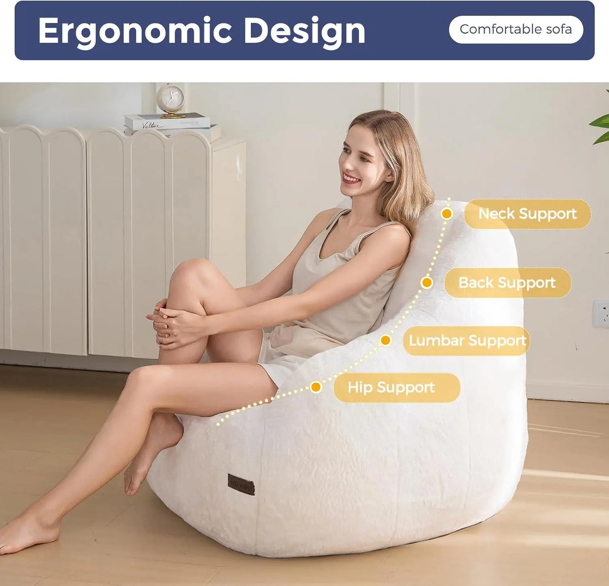 Bean Bag Chair with Back Support, Faux Fur Floor Sofa for Adults & Kids, Beige