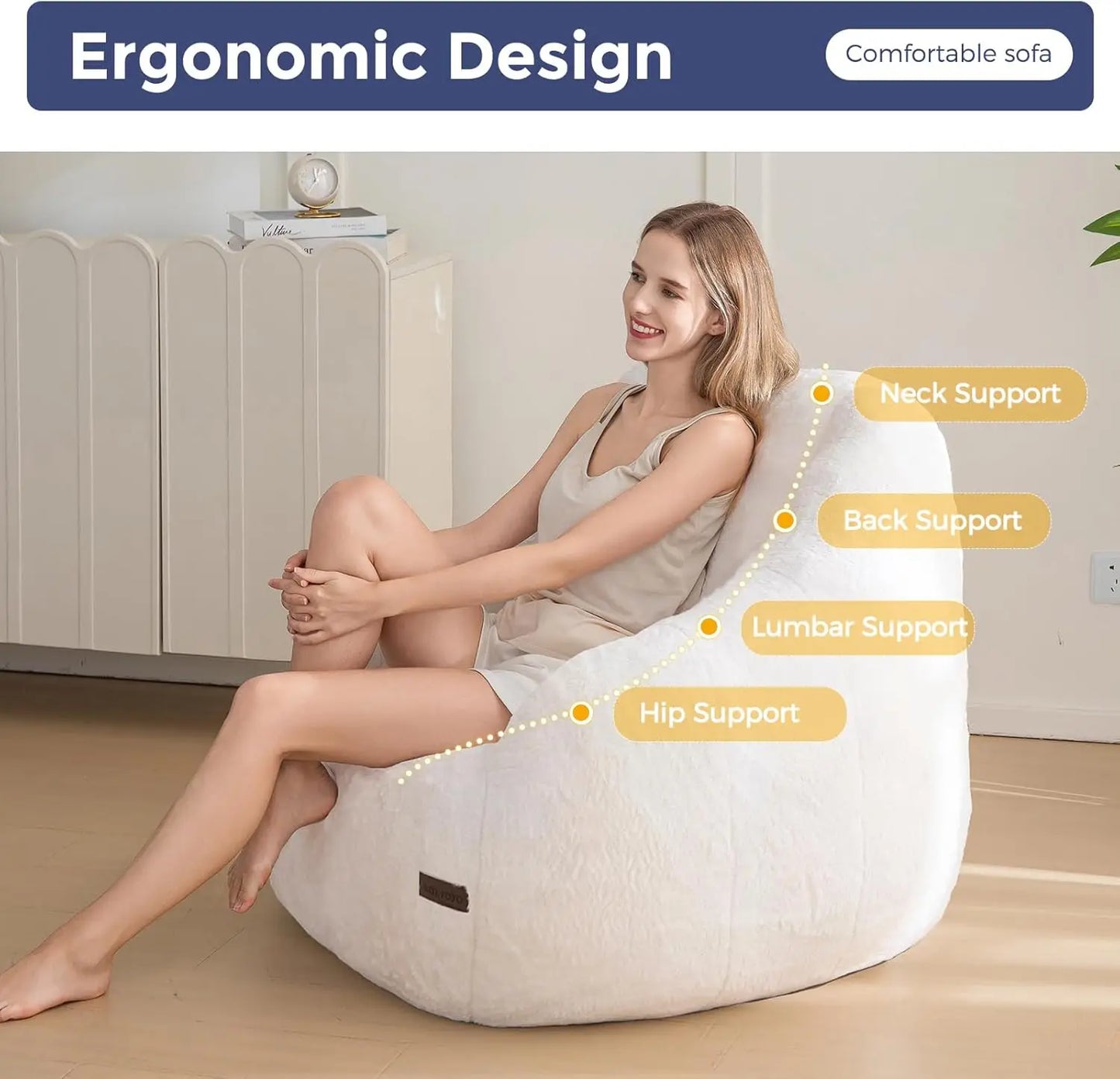 Bean Bag Chair with Back Support, Faux Fur Floor Sofa for Adults & Kids, Beige