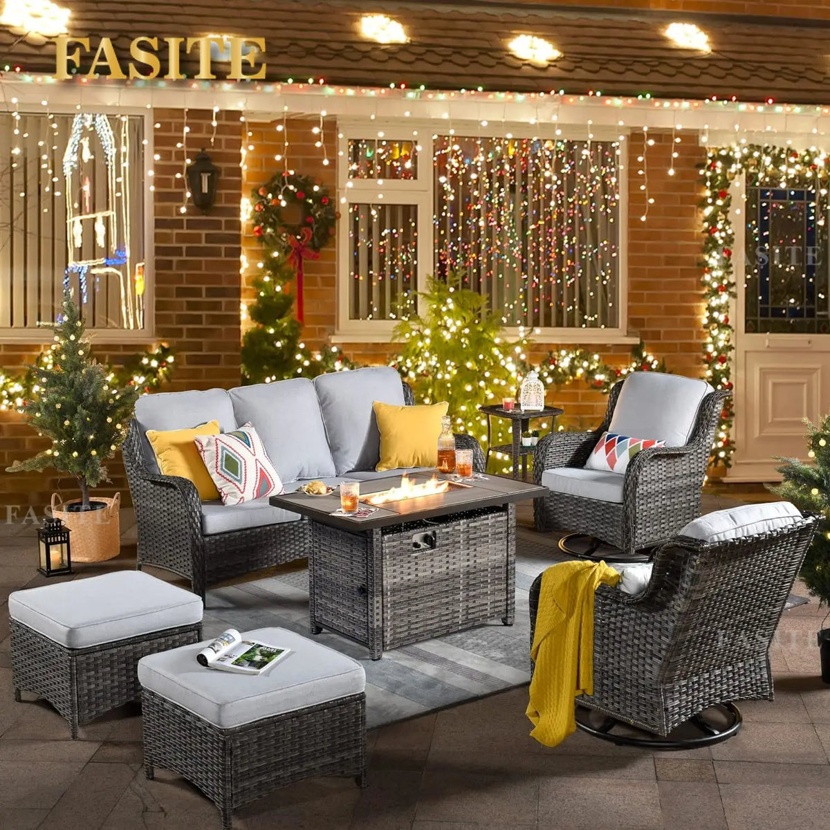 50,000 BTU Rectangular Propane Fire Pit Table 7-Piece High-Back Conversation Sofa and Matching Side Table,Grey Rattan Denim Blue