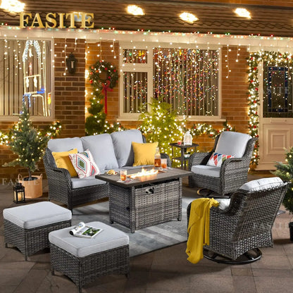 50,000 BTU Rectangular Propane Fire Pit Table 7-Piece High-Back Conversation Sofa and Matching Side Table,Grey Rattan Denim Blue