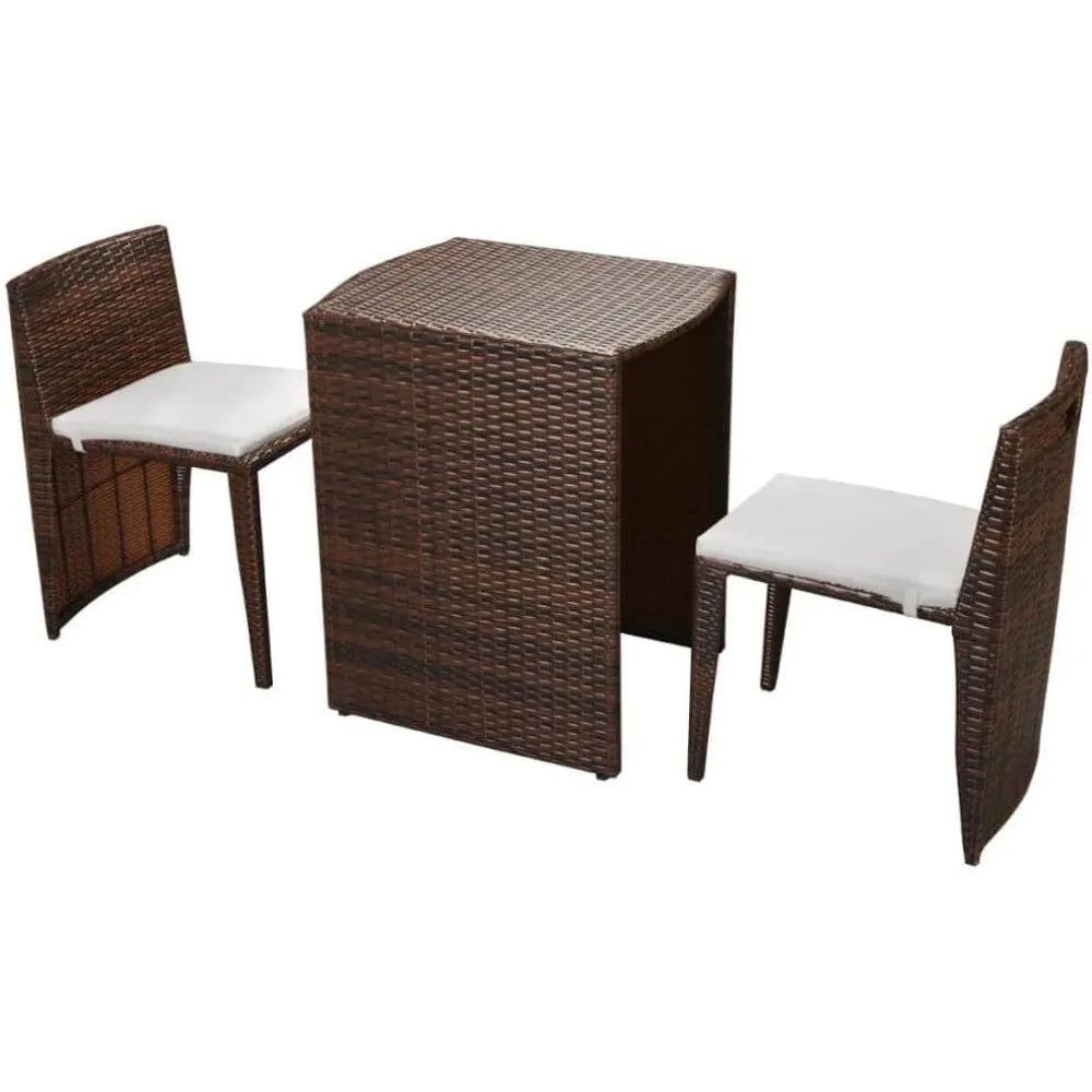 3 Piece Outdoor Bistro Set with Cushions-Poly Rattan Brown-Includes 1 Table and 2 Chairs-Compact Design for Balcony, Patio