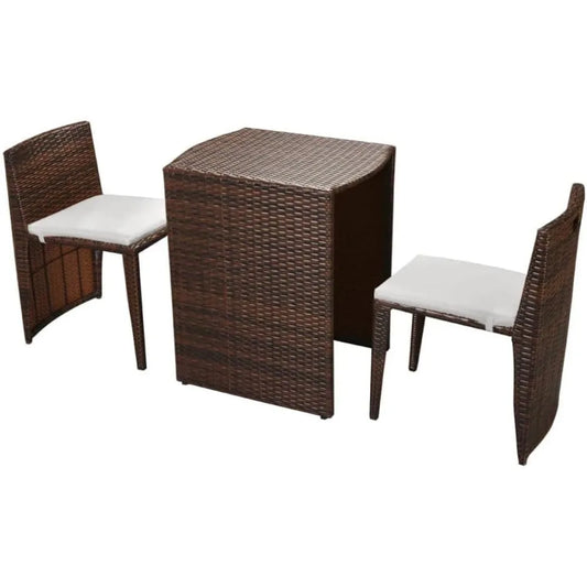 3 Piece Outdoor Bistro Set with Cushions-Poly Rattan Brown-Includes 1 Table and 2 Chairs-Compact Design for Balcony, Patio