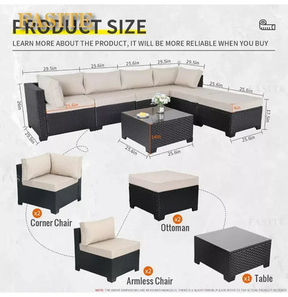 7 Pieces Outdoor PE Wicker Furniture Set Patio Rattan Sectional Conversation Sofa Set With Khaki Cushions And Glass Top Table