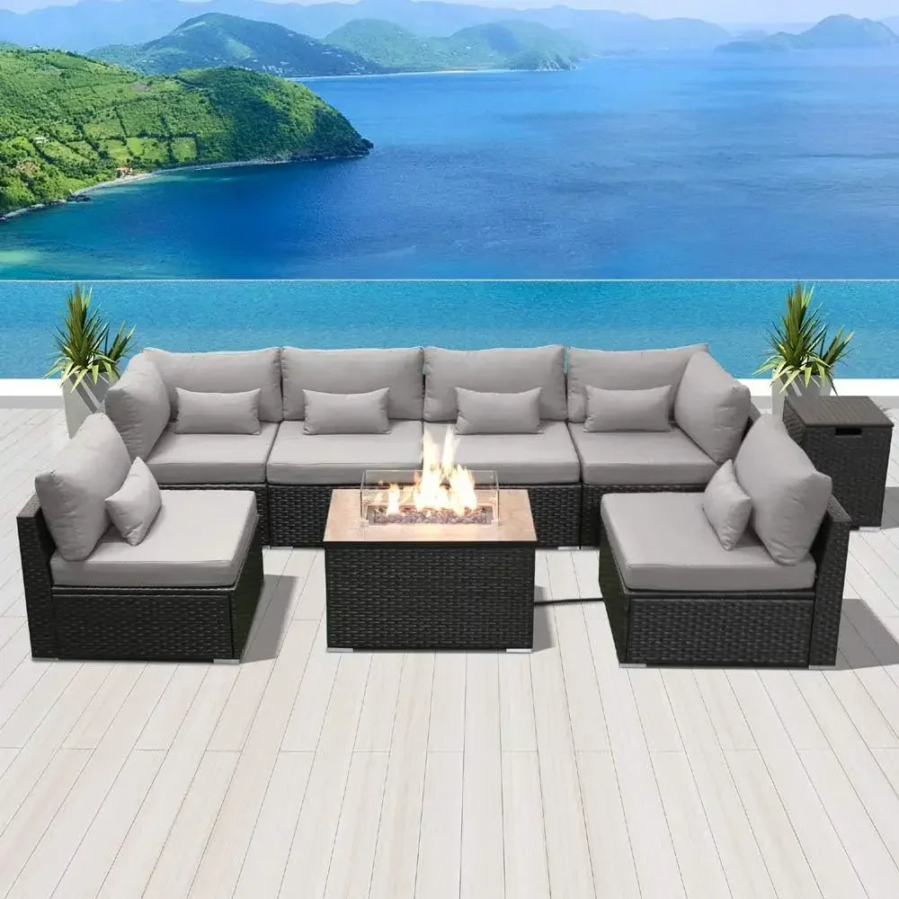 Fire Table Set Sectional Outdoor Furniture Propane Firepit Dark Brown Rattan Outdoor Sofa Set (with a rectangular/square table)